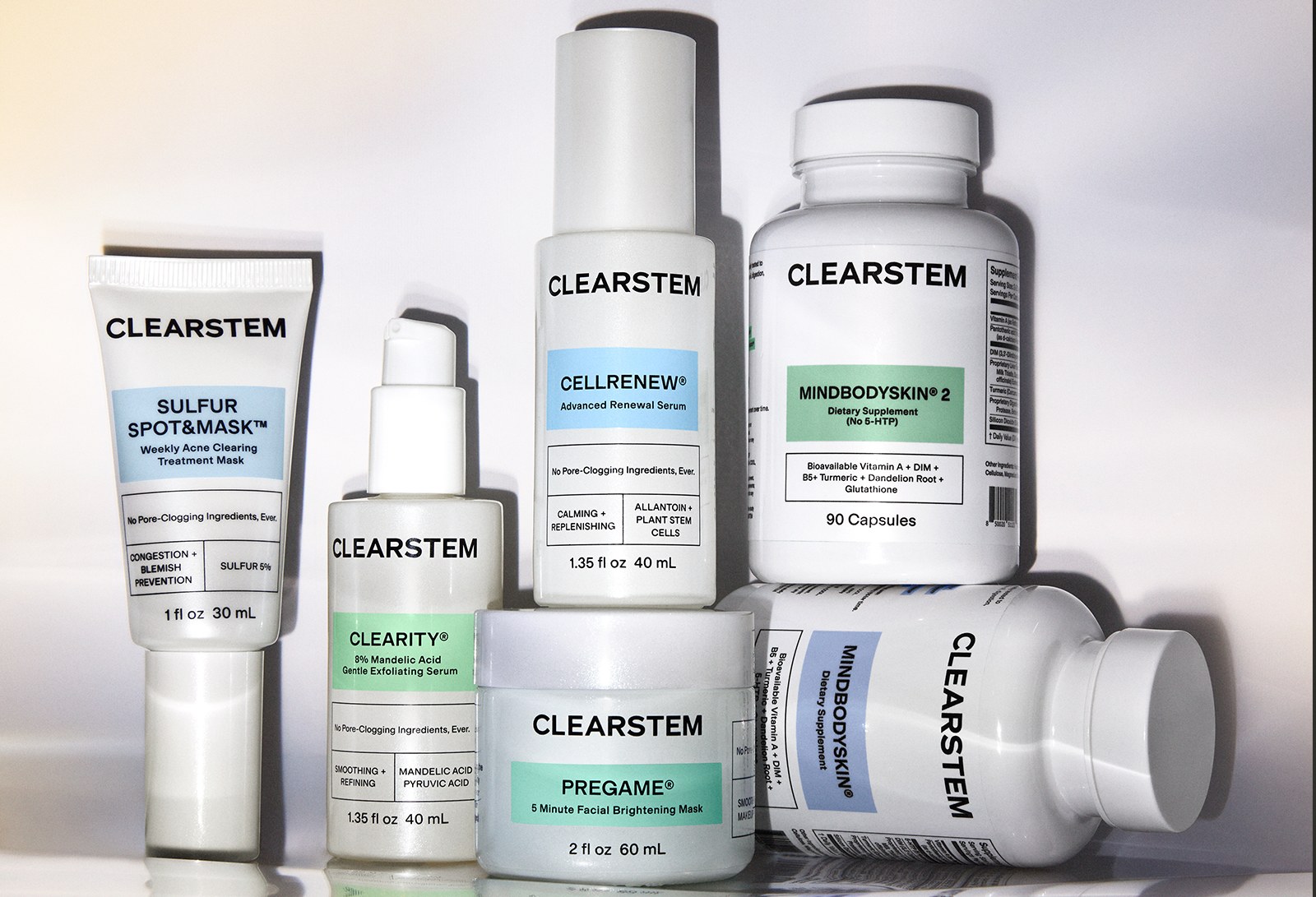 CLEARSTEM products on a neutral backdrop: SULFUR SPOT&MASK, CLEARITY, CELLRENEW, PREGAME and MINDBODYSKIN 2.