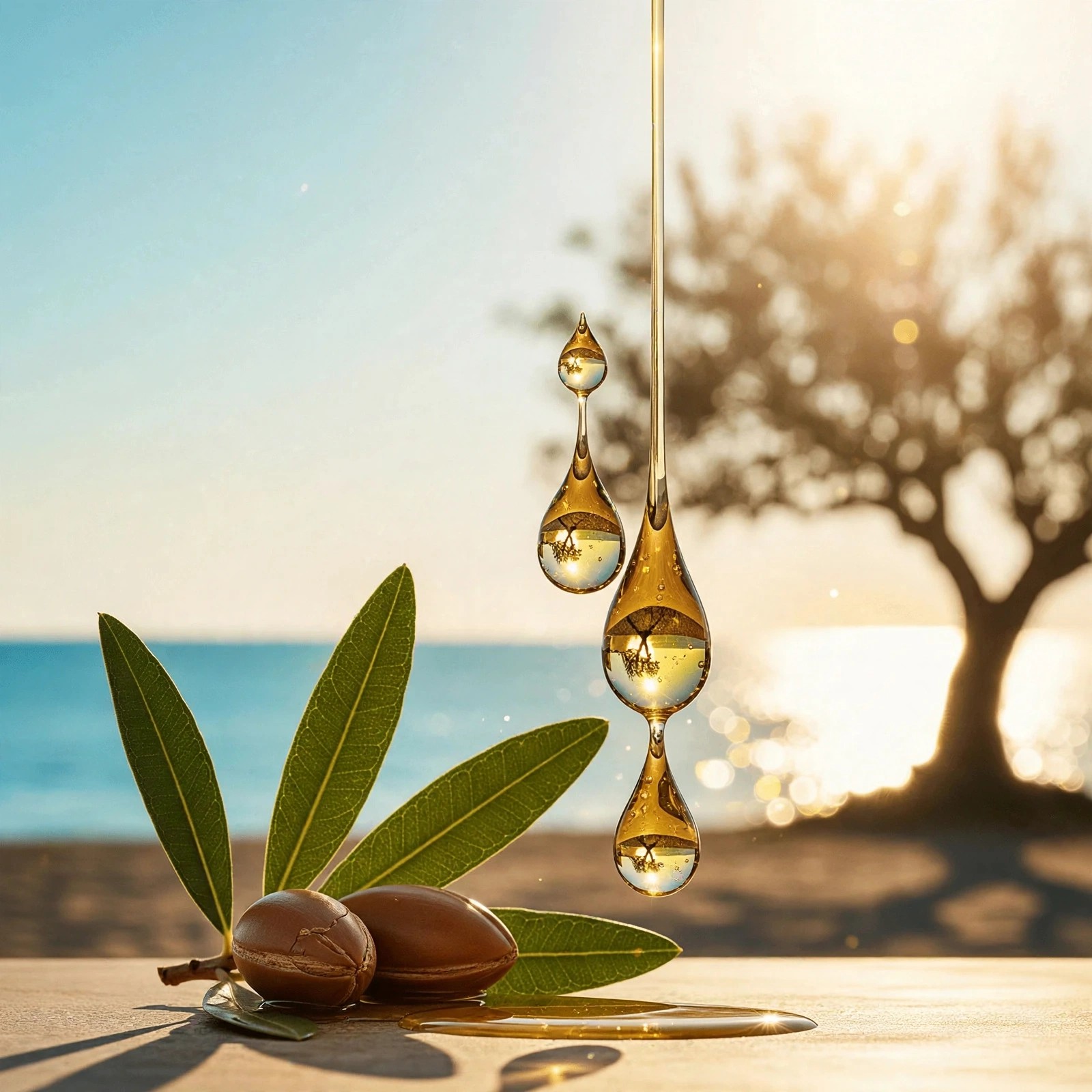 Argan nuts and leaves beside dripping oil drops outside.
