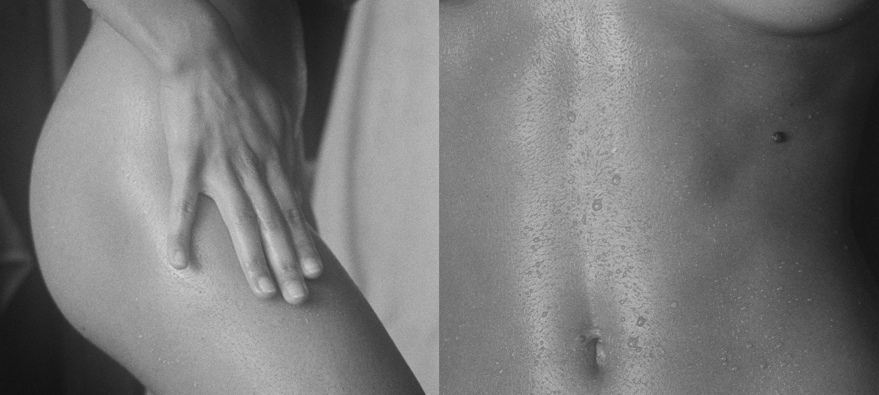 Close diptych of a hand touching water beaded skin.