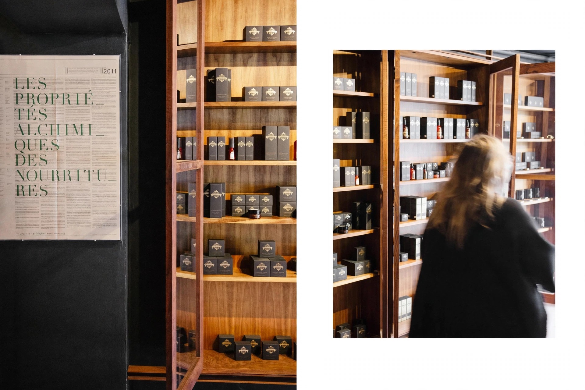 Woman browsing skincare displayed in wooden store cabinets.