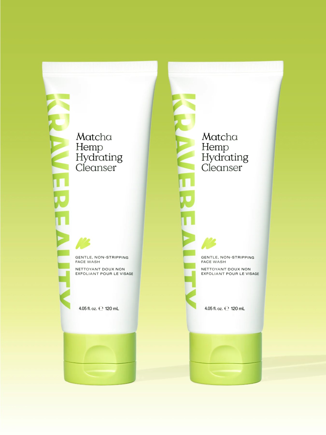 Two tubes of Matcha Hemp Hydrating Cleanser on green background.