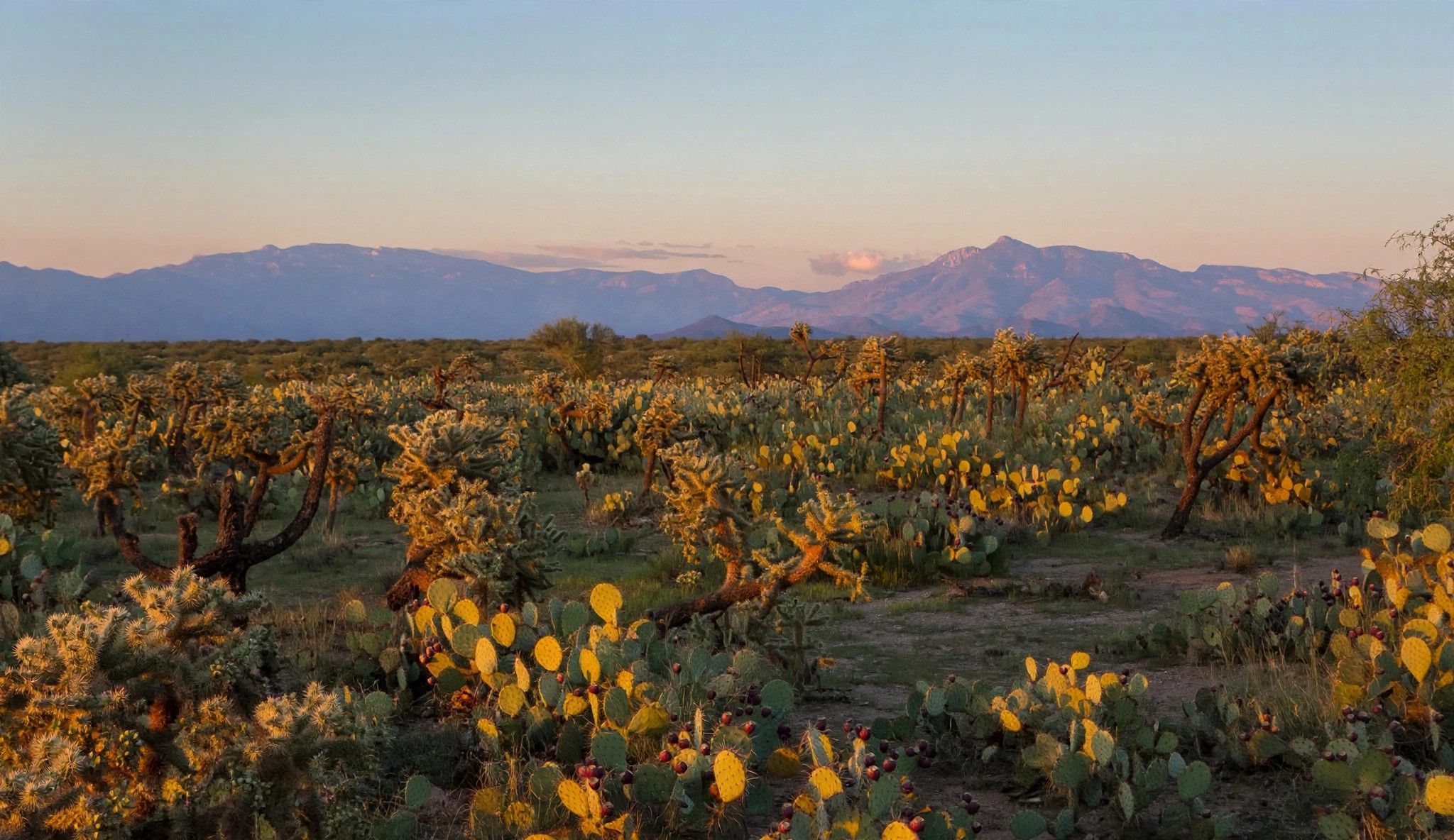 Vast desert landscape with cacti and distant mountains.